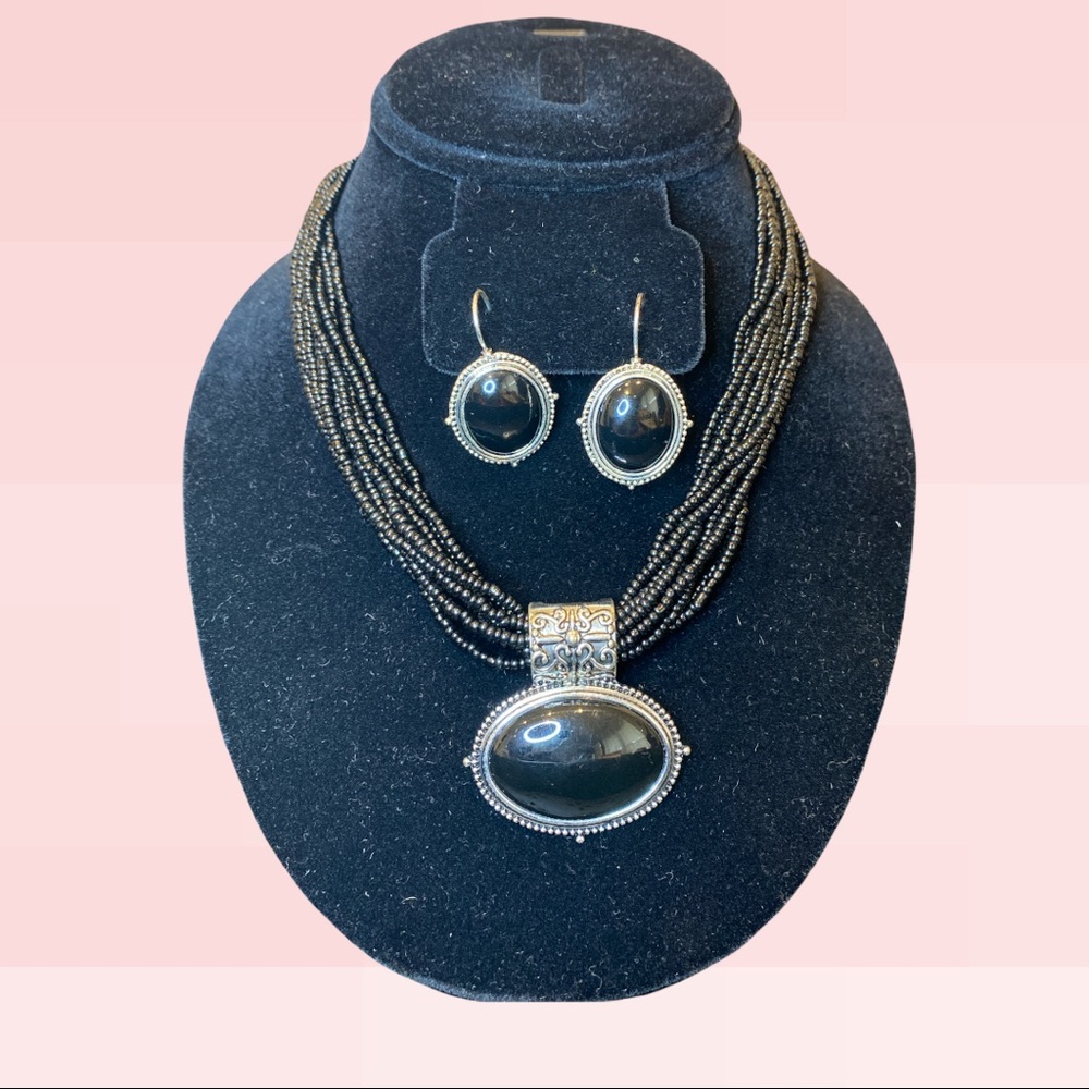 Tazza silver black bead pendant necklace and earings